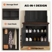 Hall Tree with Shoe Storage, Coat Rack Bench Entryway Organizer - 3-in-1 Farmhouse Style, 5 Hooks, Black Wood Grain