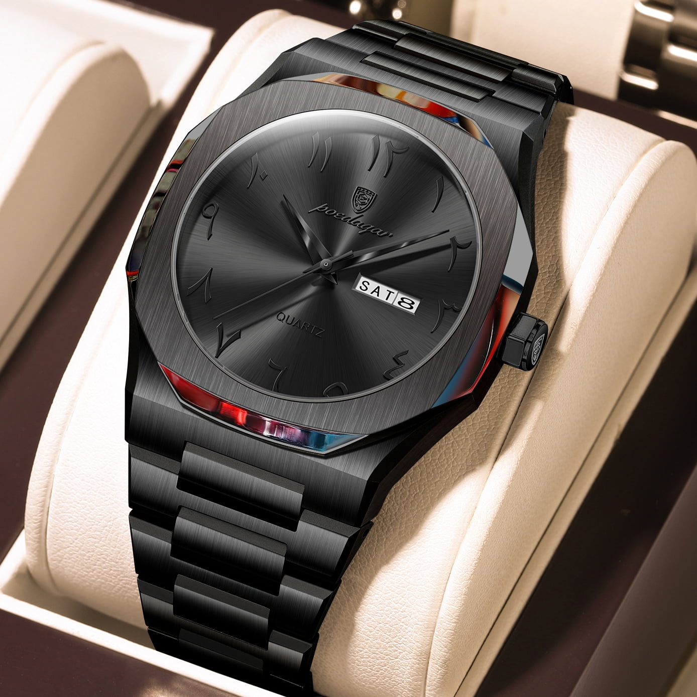 POEDAGAR Men's Luxury Watch Stainless Steel Quartz Wristwatch with Black Dial, 3ATM Waterproof for Daily