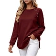 thumbnail image 2 of Warop Fall Long Sleeve Shirts for Women Solid Color Crew Neck Tops Sleeves with Deco Buttons Casual Loose Sweatshirt, 2 of 7