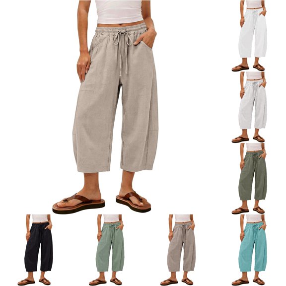 XIAONU Solid Cropped Wide Leg Pants for Women Drawstring Waist Side Pockets Loose Trousers