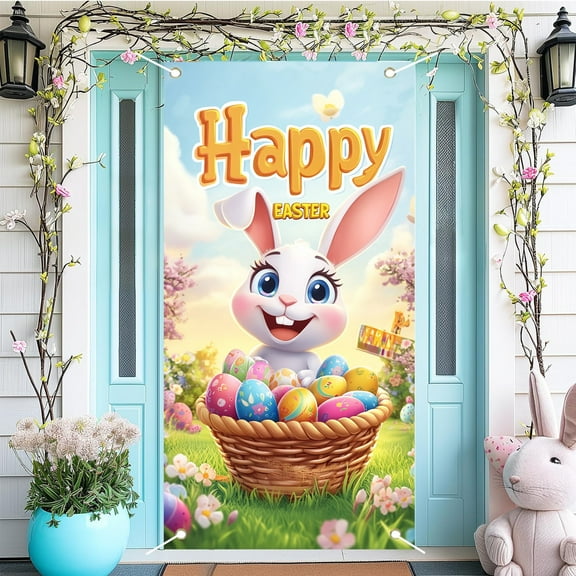 Happy Easter Door Cover Decoration Spring Easter Eggs Bunny Printed Door Window Welcome Banner Outdoor Indoor Backdrop for Party Decorations 70.8 x 35.4in