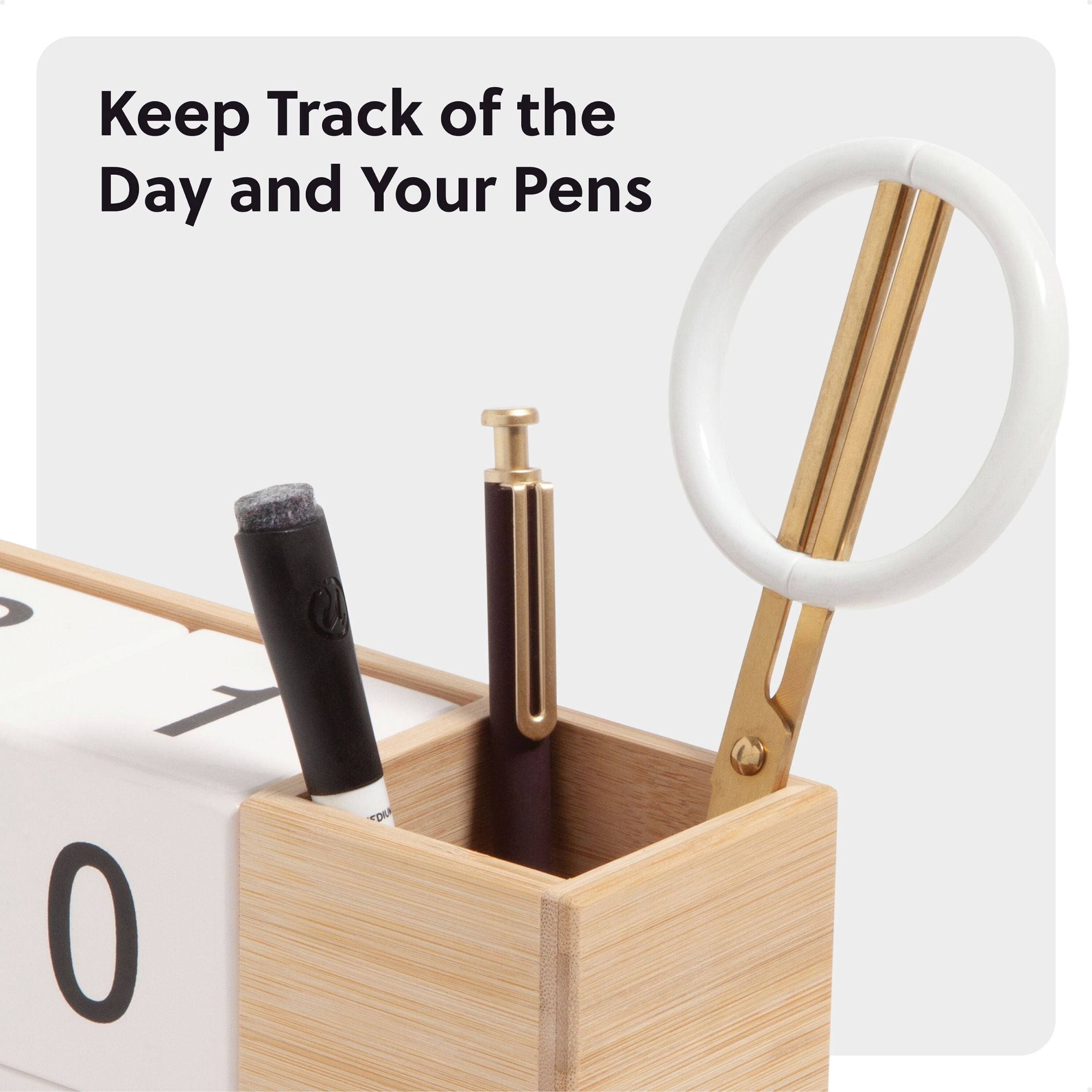 U Brands Bamboo Desktop Perpetual Block Calendar and Pencil Cup, 8.4 x 2.8 x 3.6 in.