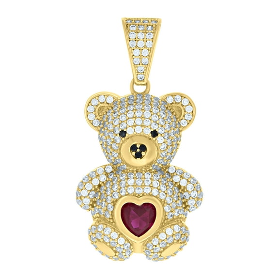 10k Yellow Gold Womens Purple/Black White Heart Round Cubic-Zirconia Teddy Bear Fashion Charm Pendant