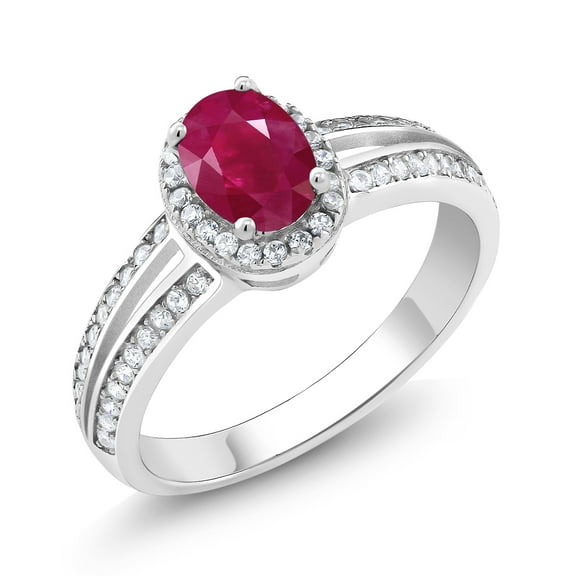 Gem Stone King 925 Sterling Silver Red Ruby Engagement Ring for Women | 1.60 Cttw | Oval 7X5MM | Gemstone July Birthstone | Size 7
