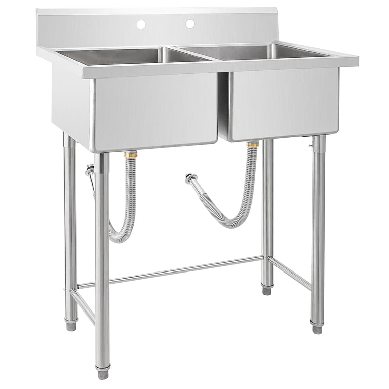 NRNQMTFZ Double Bowl Commercial Freestanding Stainless Steel Utility Sink – 47.2" X 23.6" X 31.5", With 2 Faucets, Drain Grids, And Shelves For Kitchen, Garage, Or Laundry