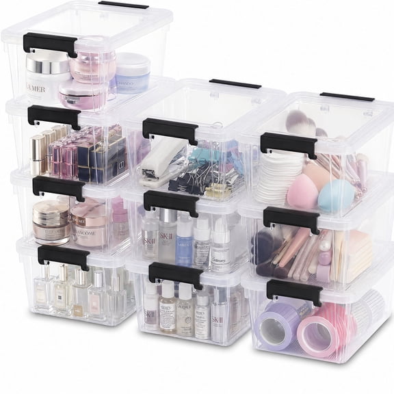 10 Packs Small Storage Bins 1.3 QT Plastic Storage Container Stackable Box with Lids for Organizing, Clear White