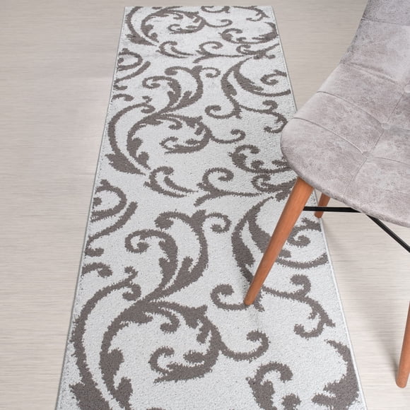 Custom Length, Non Slip Modern Floral Carpet Runner Rug Mat for Entry Hallway Kitchen Laundry, 26 inch x 8 feet, Silver