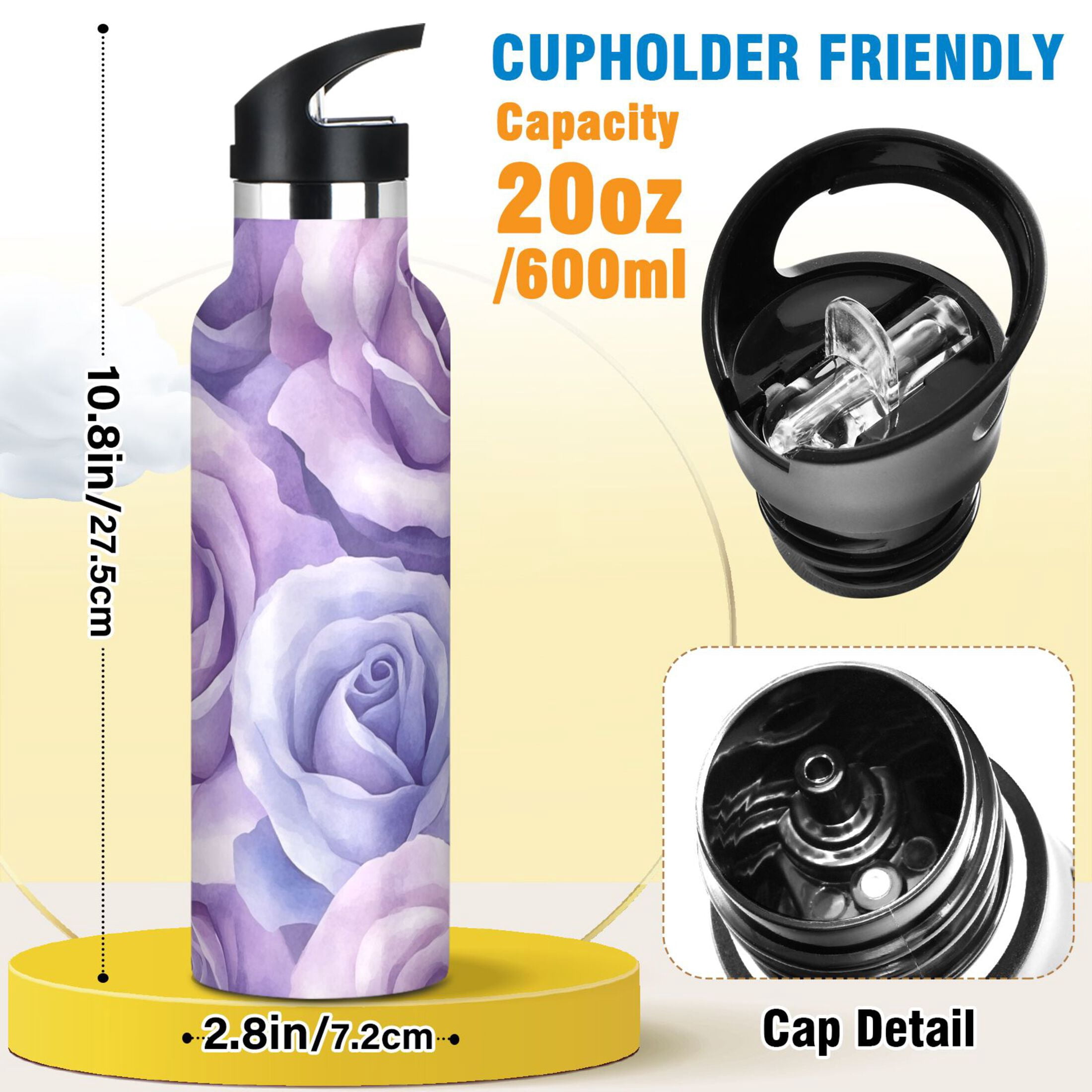 600ML Stainless Steel Insulated Cup Sports Water Bottle Portable Thermos Cup Water Glasses Insulated Tumblers Convenient and Durable Purple Roses Seamless