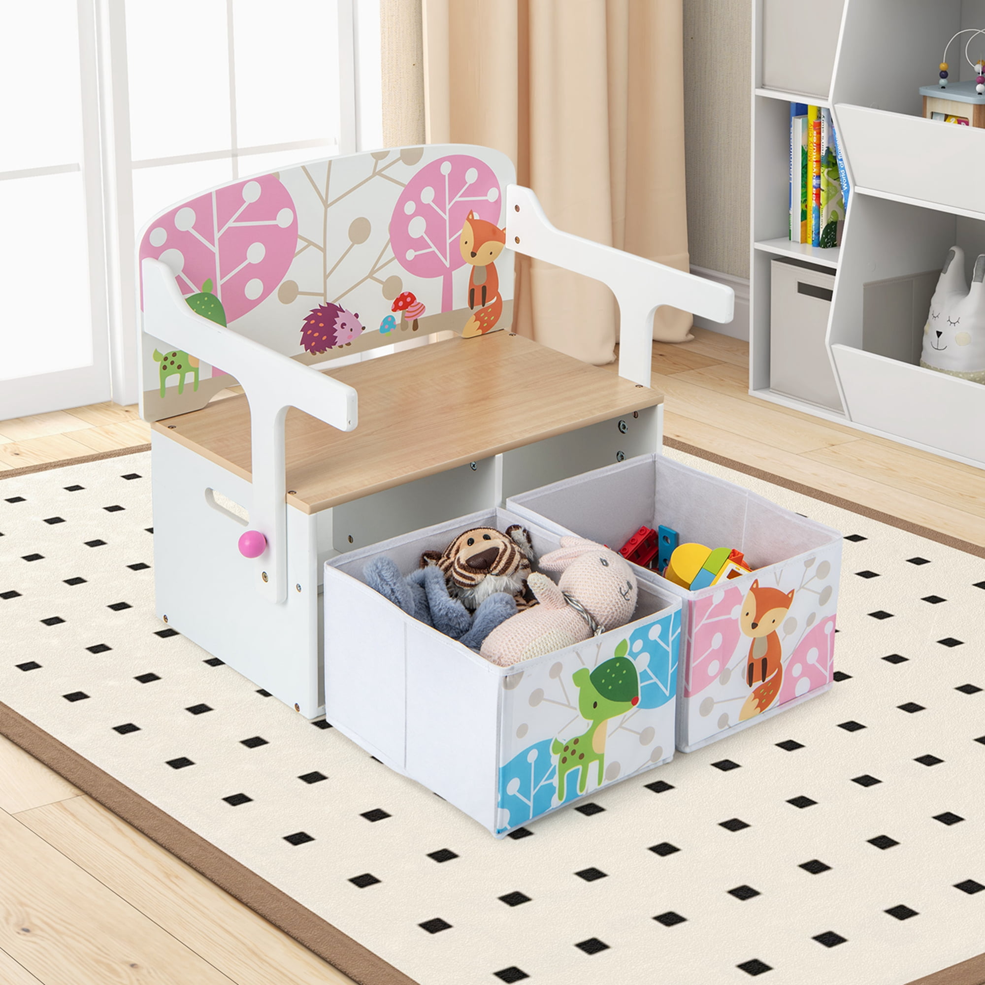 Costway Convertible Activity Bench Children Table & Chair Set, 3 in 1 toddlers storage bench, White