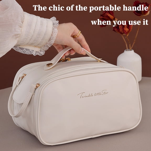 Cosmetic Bag Plain Multi Layer Makeup Bag Zipper Organizer Toiletry Bag Waterproof Travel Bags for Women and Girls -Milk apricot