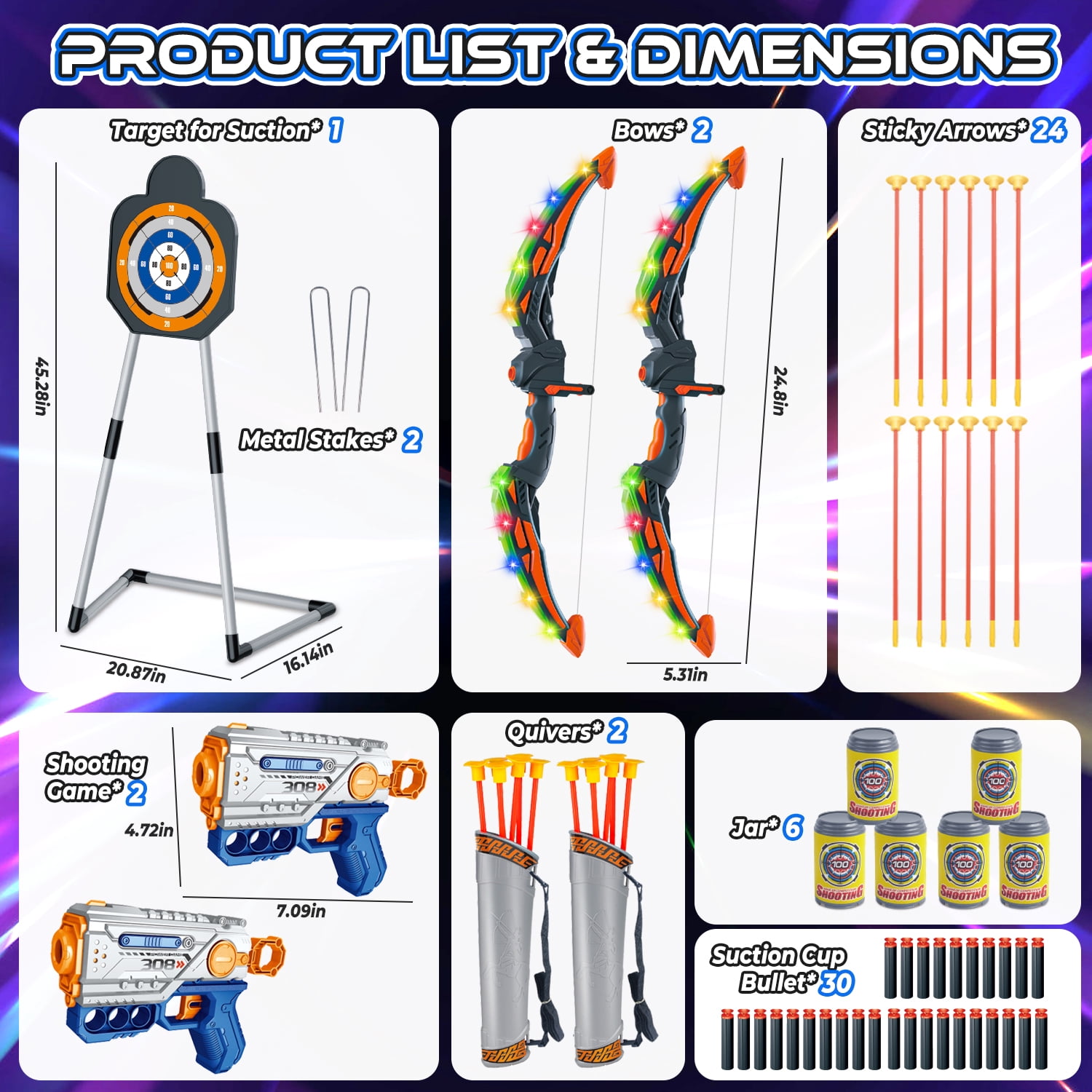 Hot Bee 2 in 1 Light-up Bow and Arrow Standing Shooting Targets Toys, Archery & Foam Dart, 2 LED Bows & 24 Arrows, Indoor Outdoor Shooting Game Christmas Toy Gift for Kids Ages 5-12