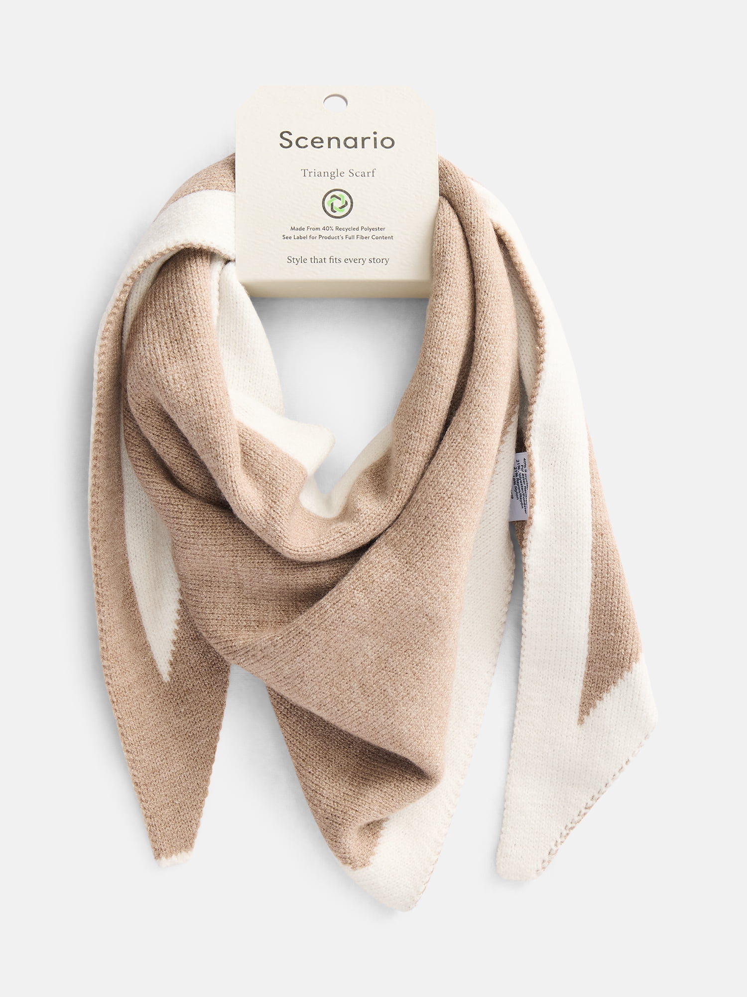 Scenario Women's Border Stripe Knit Triangle Scarf, Toasted Heather and Winter White