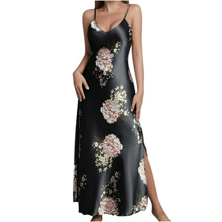 YanQiao Womens Silk Nightgowns Sexy Lingerie Sleepwear Underwear Robe Sleepwear Dress L Black