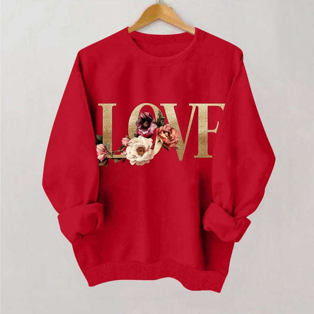 Styesk Chemises à Manches Longues pour Femmes Imprimé Cœur Hauts Confortables Doux Col Rond T-Shirts Chandail Mode Léger Chandail en Molleton Graphique de la Saint-Valentin Hauts Décontractés