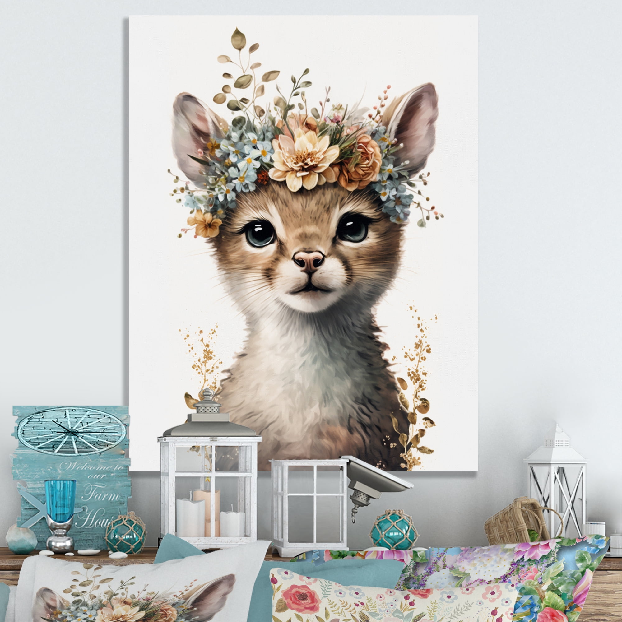 Designart Cute Baby Cat With Floral Crown I Canvas Wall Art