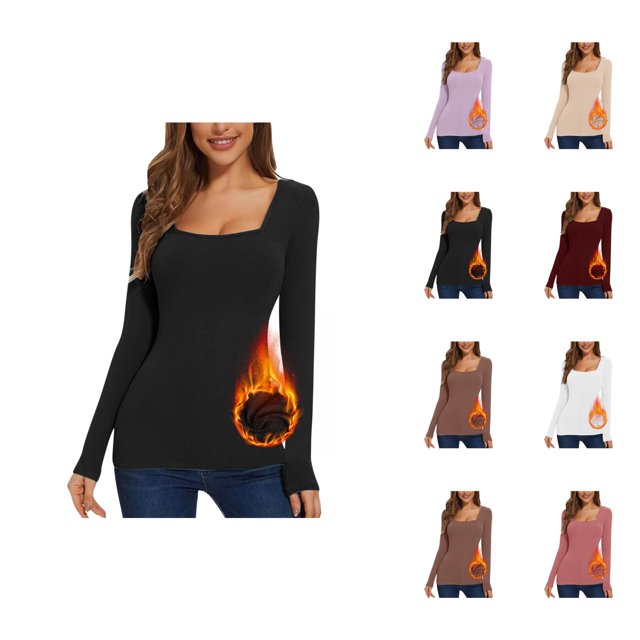 Women's Long Sleeve Shirts 2026 Fall Winter Basic Square Neck Fitted Breathable Undershirt T Shirts