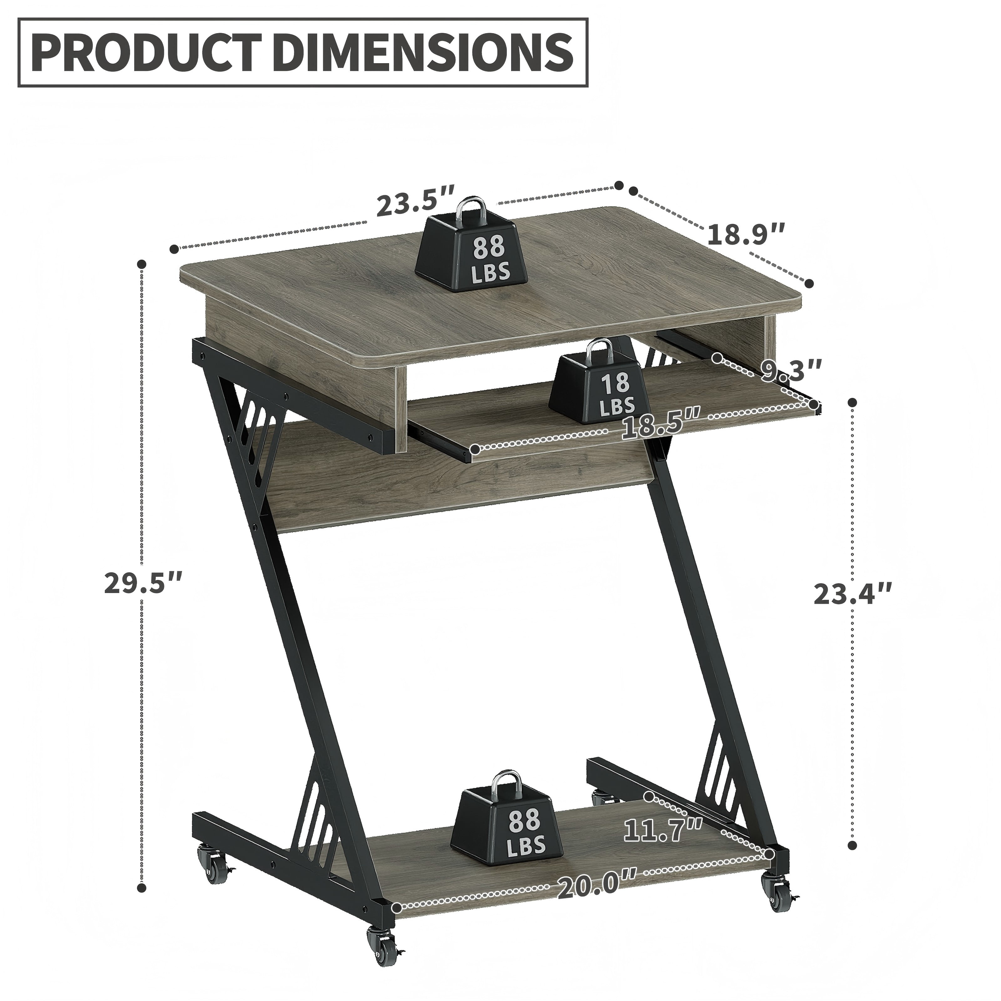 ALISENED 23.6 inch Z-Shaped Computer Desk with Smooth Keyboard Tray, with Wheels and Bottom Shelves