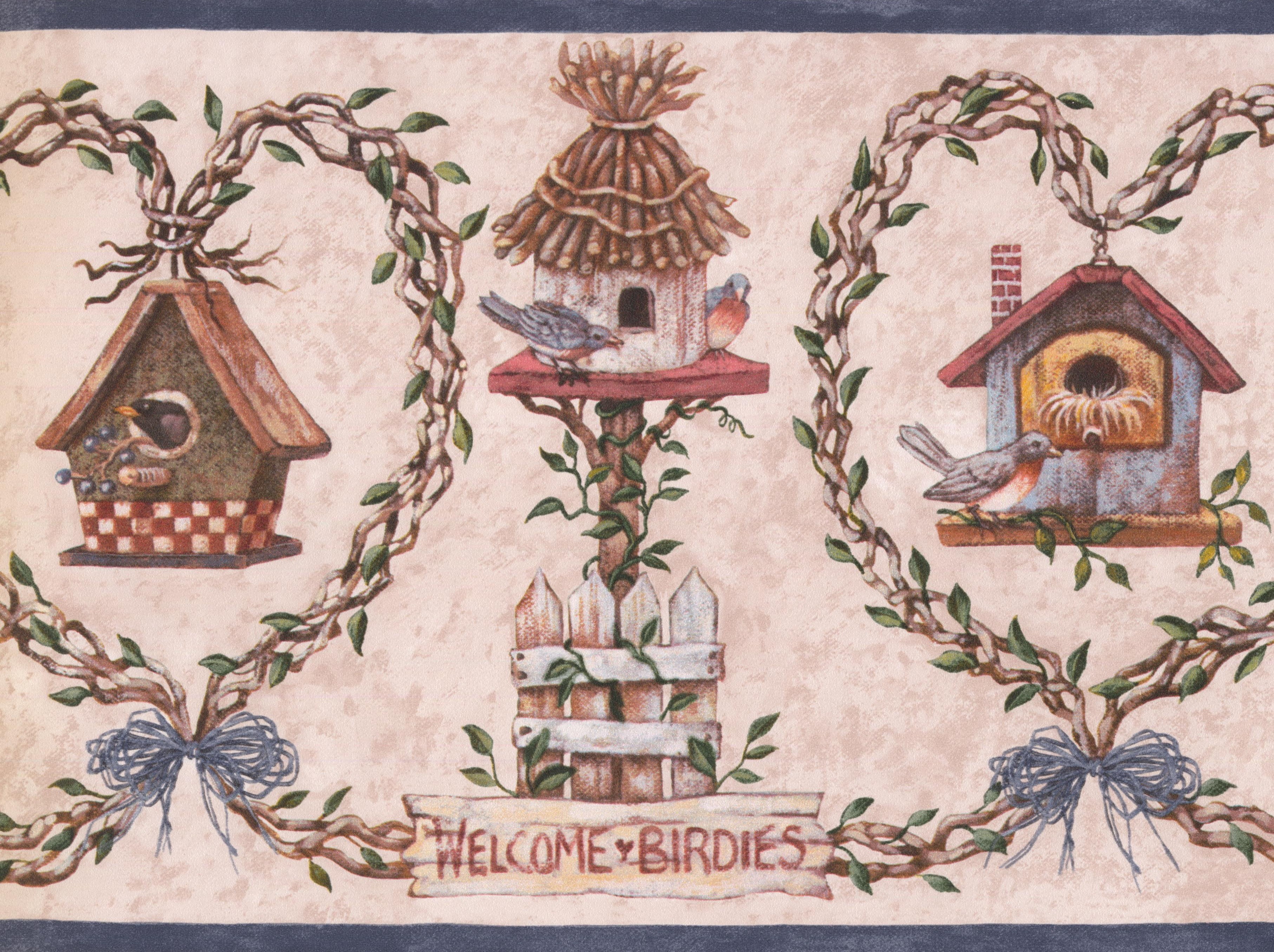 Wallpaper Border Bird Nest Birdhouse Rose Pink Wall Border Farmhouse