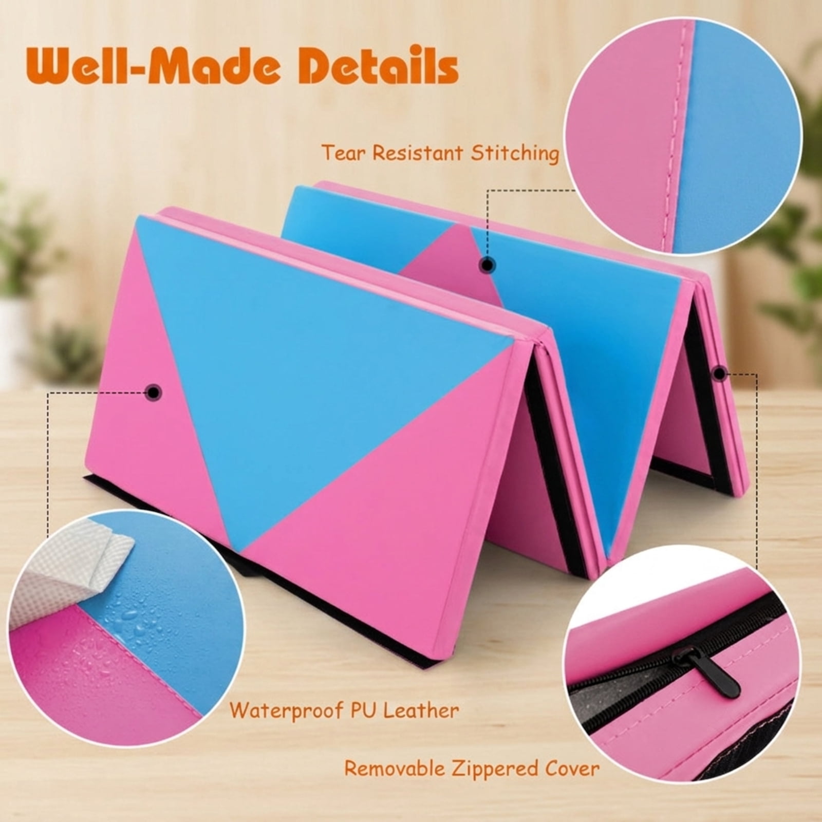 Airfind 8 Feet PU Leather Folding Gymnastics Mat with Hook and Loop Fasteners and Carry Handles for Kids Tumbling and Cheerleading, Blue