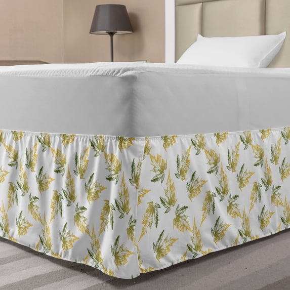 Leaves Bed Skirt, Floating Autumn Botany Grunge Silhouette of Maple Leaf, Elastic Bedskirt Dust Ruffle Wrap Around for Bedding Decor, 4 Sizes, Mustard Olive Green, by Ambesonne