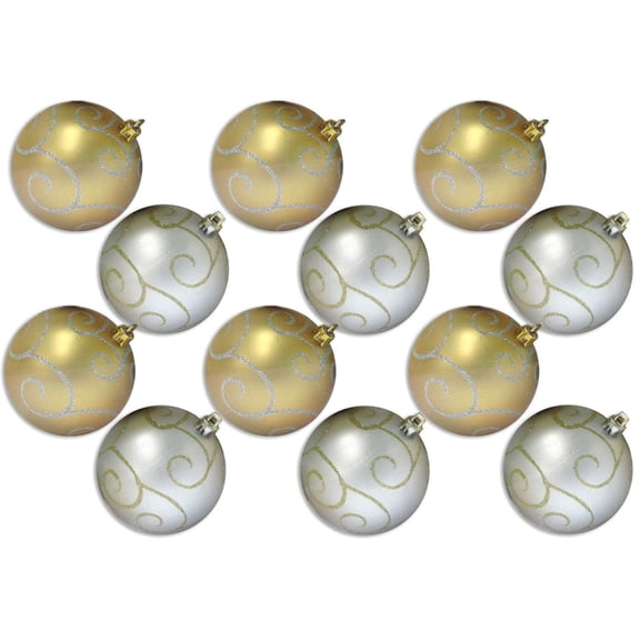 12 Pack of Gold and Silver Ball Ornaments with Gold and Silver Glitter Designs