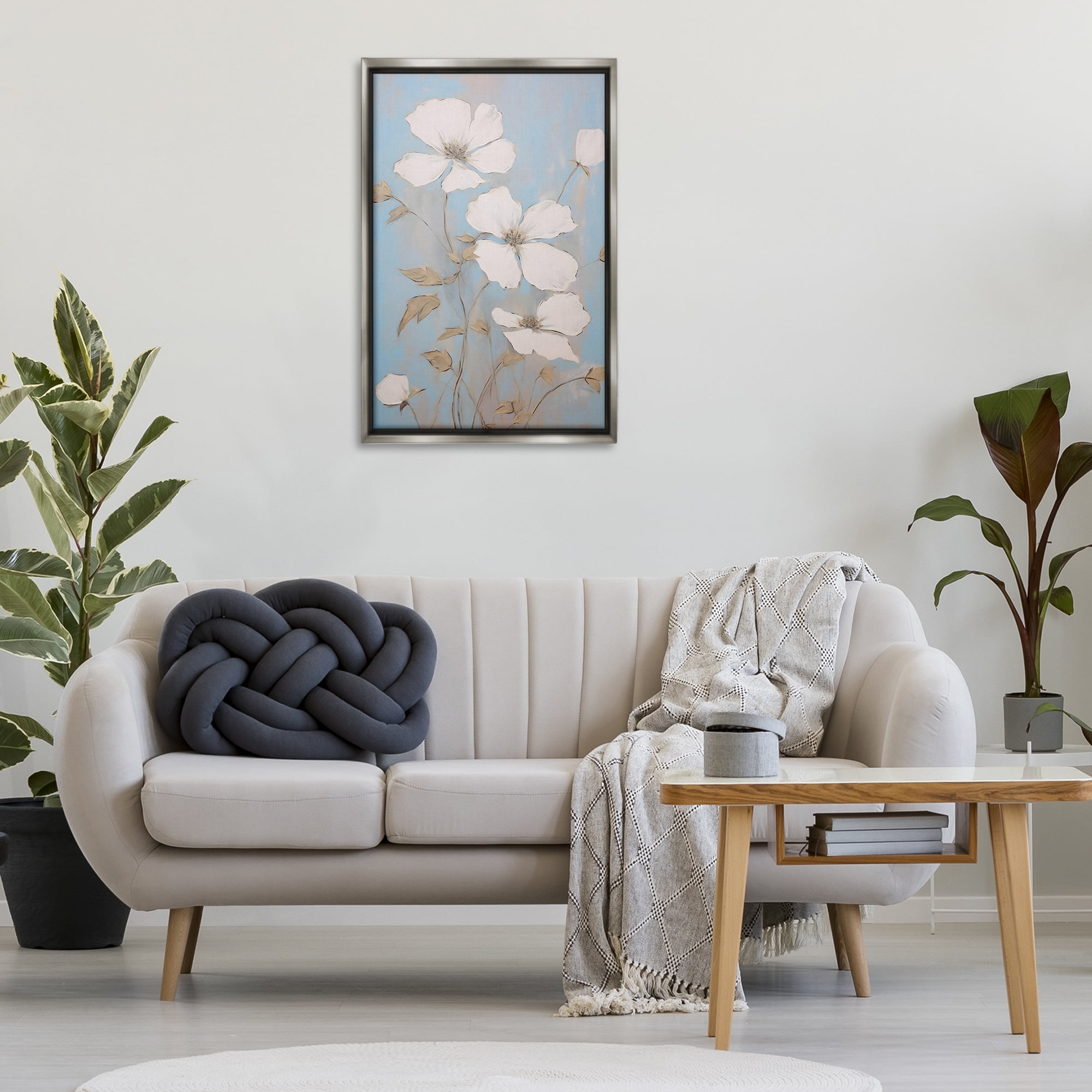 Stupell Industries White Petal Flowers Botanical & Floral Painting Gray Floater Framed Art Print Wall Art, 21 x 31