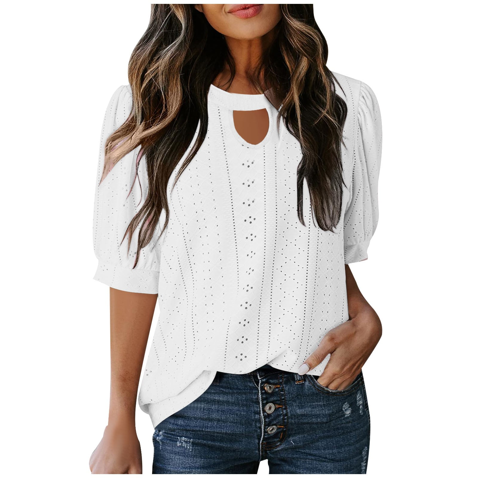 ZVAVZ Hauts Grande Taille pour Femmes, T-Shirts Unis à Découpe Œillets Manches Courtes Bouffantes Col Rond T-Shirts Mignons pour Vacances pour Femmes 2025 Blanc,TG