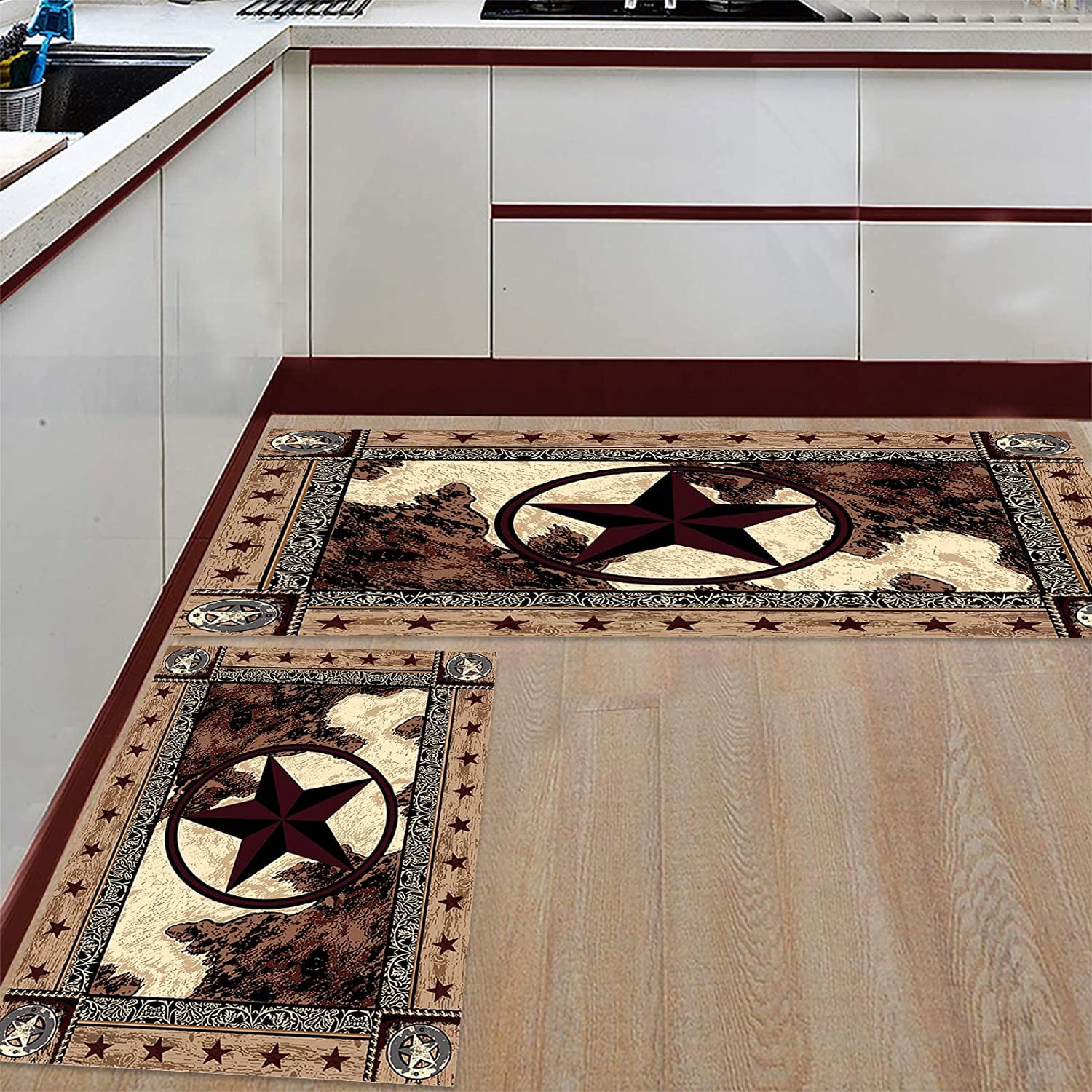 Kitchen Rugs Sets 2 Piece Floor Mats Western Texas Star on Wood Panel Rustic Doormat Vintage Style Texas Star Pattern Area Rugs Washable Runner Carpet Set Non Slip Kitchen Rugs and Mats