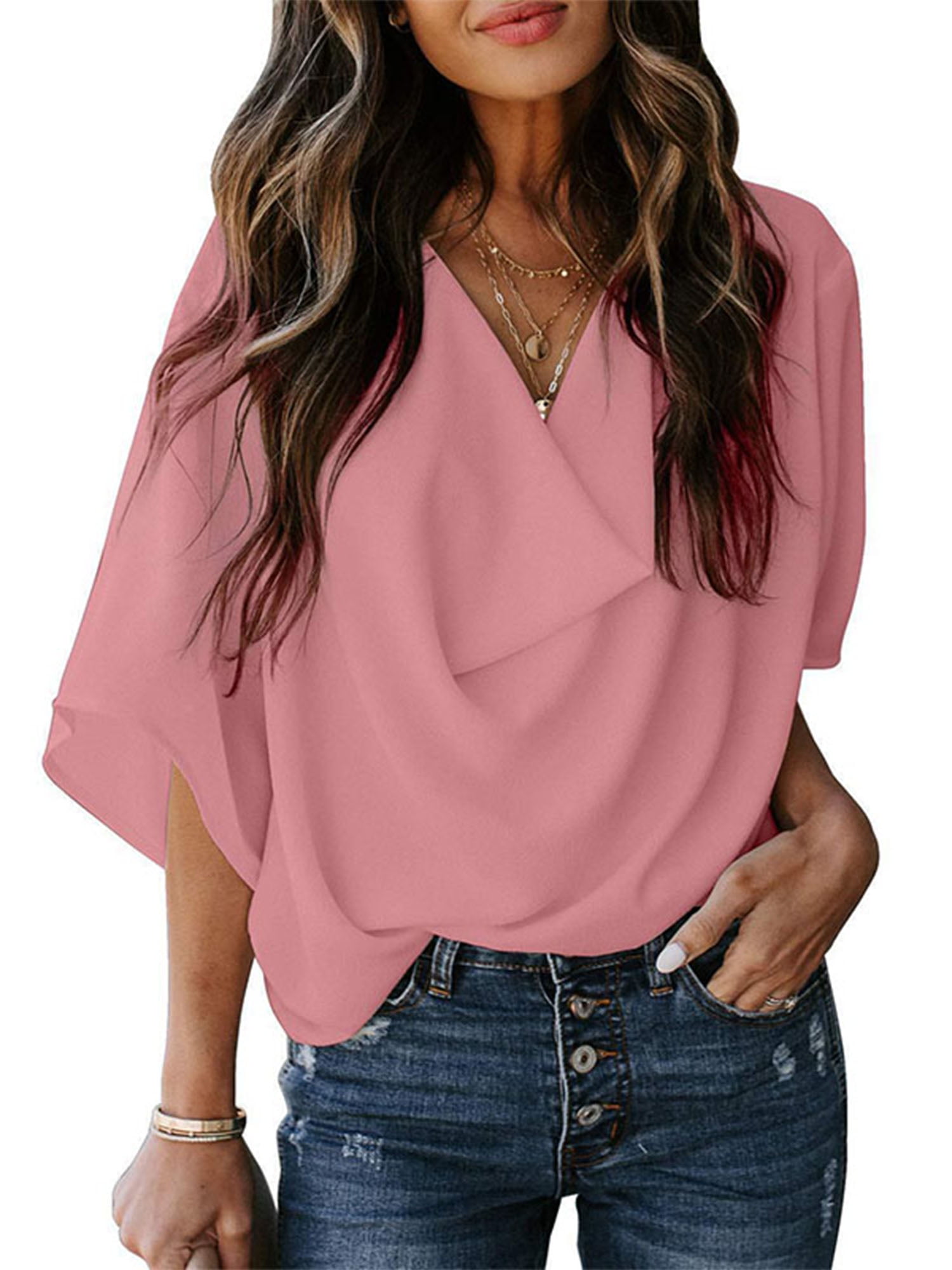 FARYSAYS Womens Casual Short Sleeve V Neck Shirts Collared Loose Blouses Tops