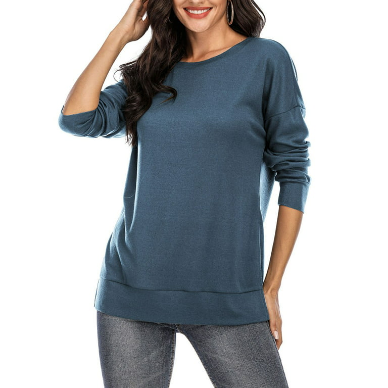 Womens Casual Long Sleeve O Neck Side Slits Pure Color T Shirts Blouses  Tops Navy XXL