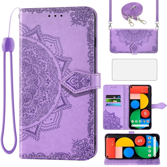 Asuwish Screen Protector Included Mandala Flower Hard Shell Wallet Cell Phone Case with Tempered Glass Screen Protector for Google Pixel 5, Purple
