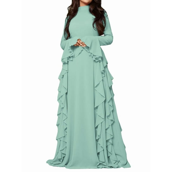 Women'S Bodycon Dresses Elegant Bell Sleeve Ruffle Hem Cocktail Party Long Dress Green S