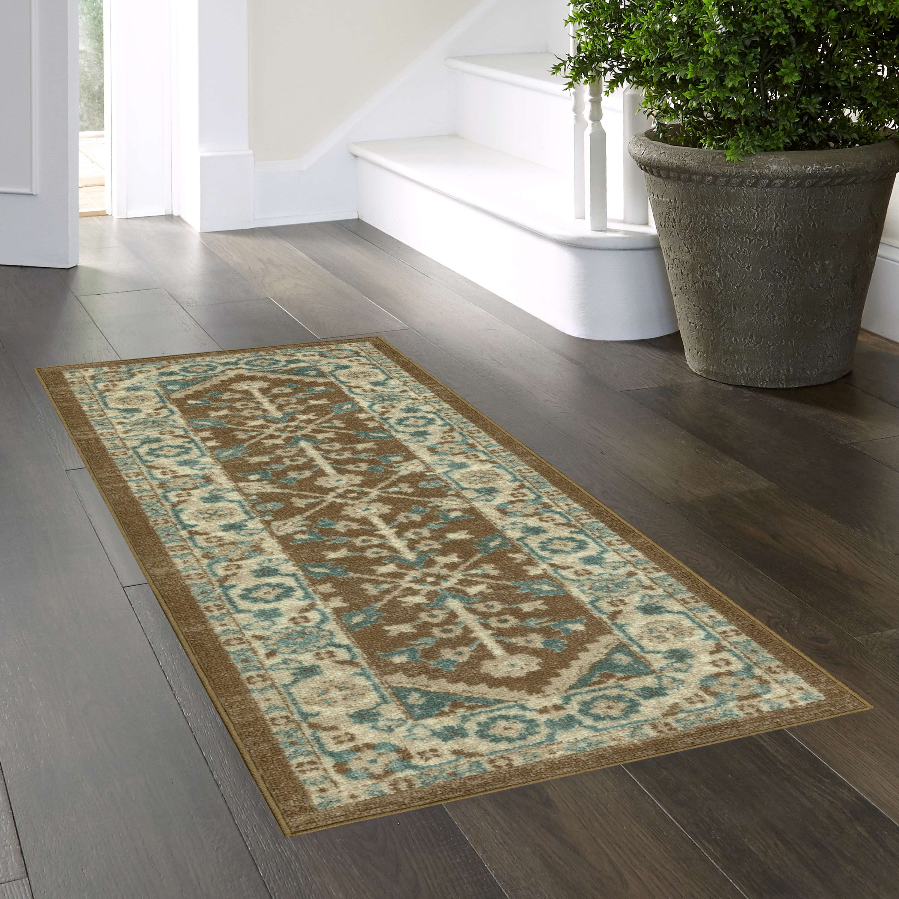 Mainstays Persian Border Medallion Loop Print Brown Blue Indoor Runner Rug, 1'8" x 5'