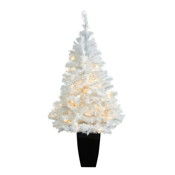 Nearly Natural 50" Holiday Pine White Artificial Christmas Tree, Prelit with 100 Clear LED Lights in Black Metal Planter