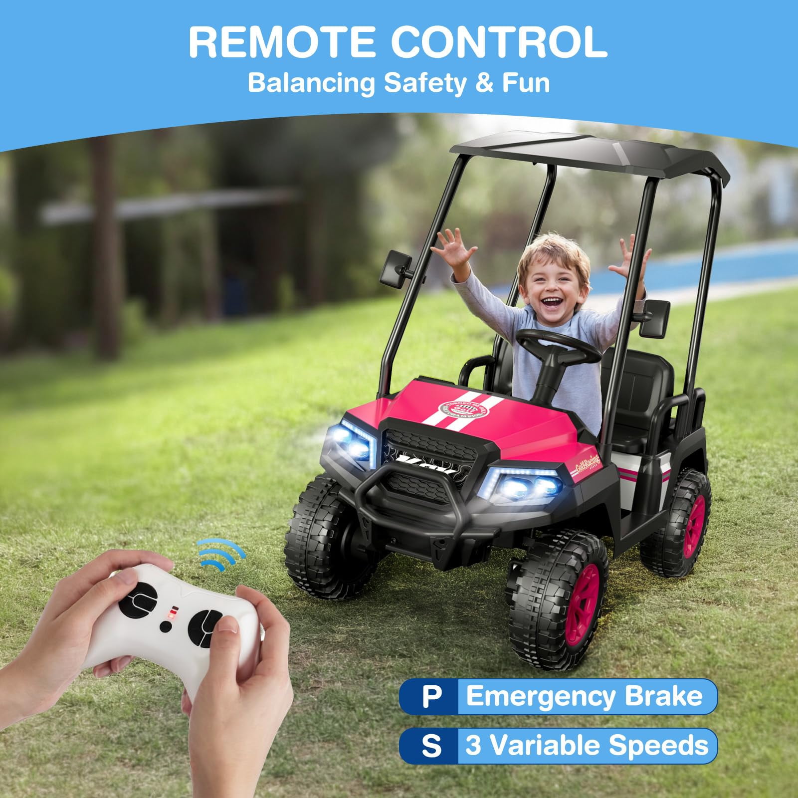 24V 4-Seater Kids Electric Golf Cart, 4WD Ride-On Car with Remote, Awning, Suspension & Music Features
