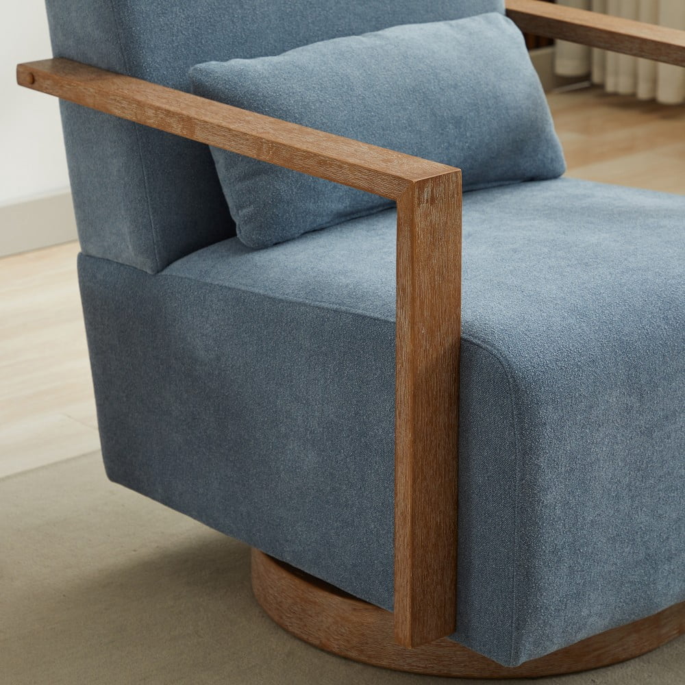 Swivel Accent Chair, 360 Degree Modern Upholstered Lounge Chair with Solid Wood Armrests, Linen Blend Fabric, Comfy Reading Chair for Living Room, Bedroom & Office, Blue