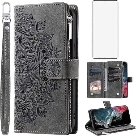Phone Case for Samsung Galaxy S22 Ultra 5G Wallet Cover with Tempered Glass Screen Protector Wrist Strap Mandala Flower Flip Zipper Card Holder Cell S22ultra 22S S 22 S22ultra5g 6.8 Grey