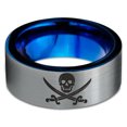 thumbnail image 2 of Tungsten Skull Crossbones and Swords Band Ring 8mm Men Women Comfort Fit Blue Flat Cut Brushed Gray Polished, 2 of 4