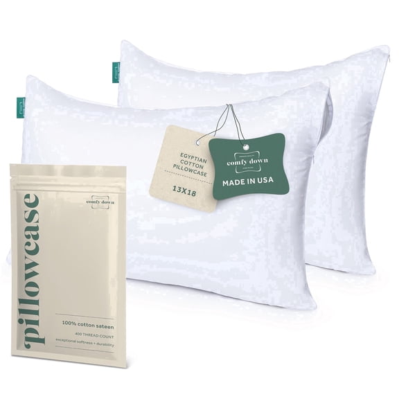 ComfyDown Pillowcase for Toddler & Travel Pillows - 2 Pack - Breathable, 100% Cotton, 400-Thread Count, Zipper Closure - Made in USA - 13"x18"