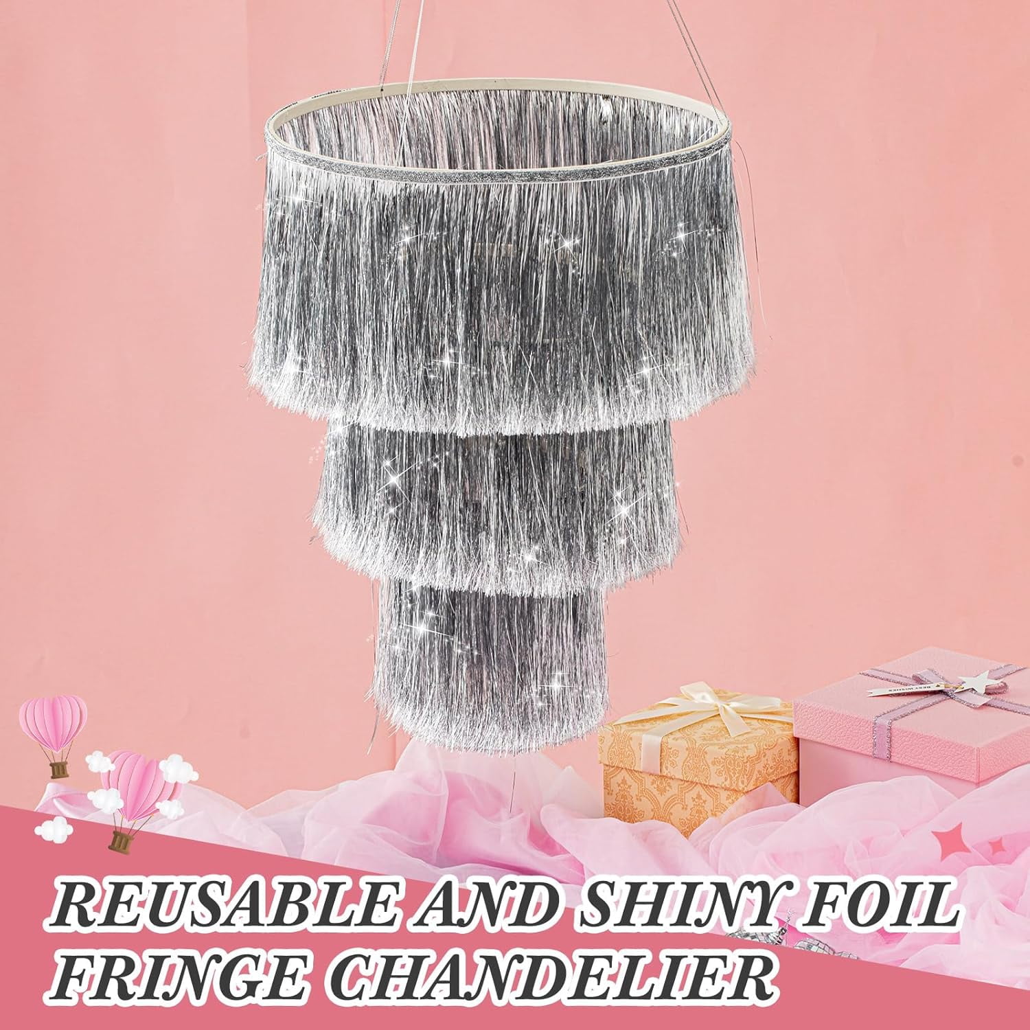 1Pcs 3-Tier Iridescent Silver Foil Fringe Tinsel Hanging Chandelier for Birthday Wedding Bachelorette Graduation New Year Baby Shower Party Backdrops Home Hotel Ceiling Shimmering Decorations