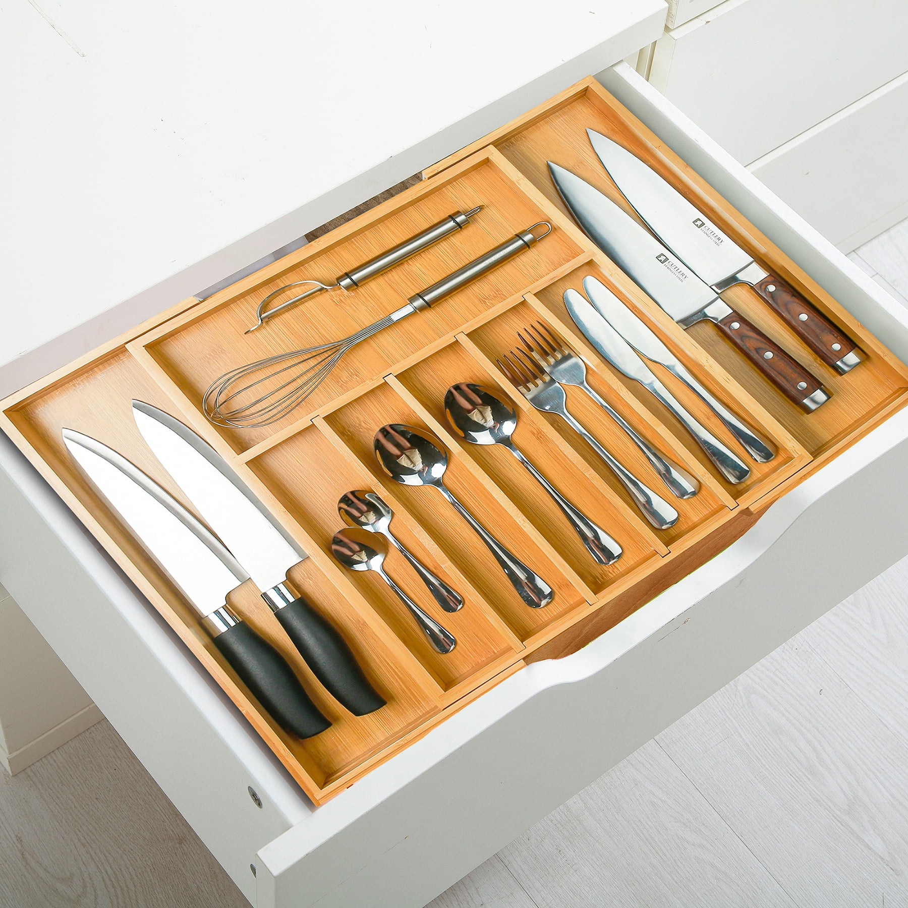Bamboo Expandable Silverware Drawer Organizer,Adjustable Kitchen Utensil Organizer with Removable Dividers and Knife Block for Flatware, Cutlery , Knives