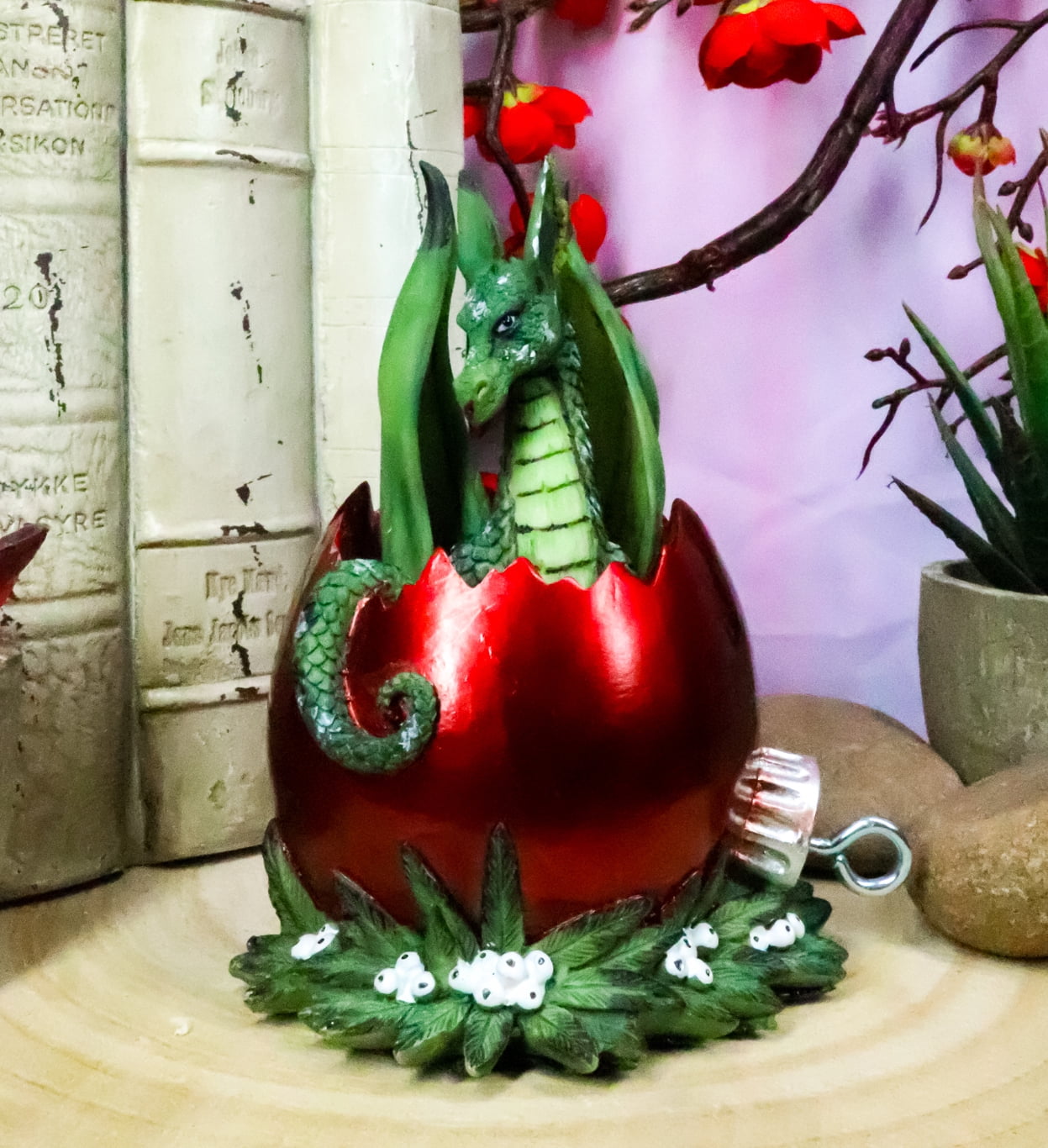 Ebros Amy Brown Holiday Green Mischief Dragon Hiding Red Egg Ornament Figurine