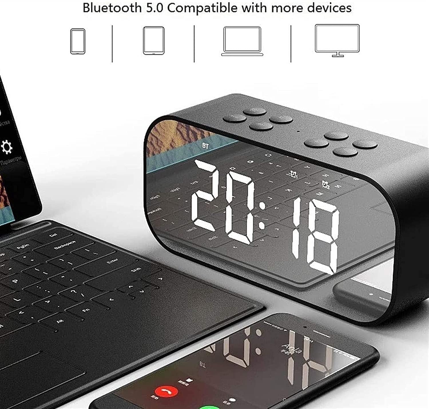 Alarm Clock with Bluetooth Speaker, Alarm Clock for Bedroom/Office, LED Digital Alarm Clock, Large Display Easy to Read Across,Makeup Mirror Multi-Function Desk Clock for Heavy Sleepers Adults(Black)