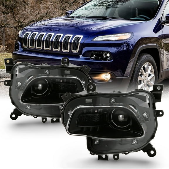 AKKON - Fits 2014-2018 JEEP Cherokee [Halogen Type] Projector Black Headlights Headlamps Driver Left Passenger Right Replacement