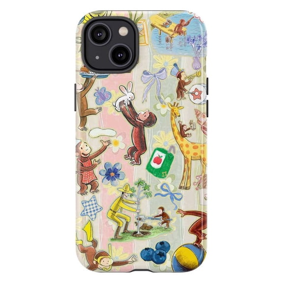 Curious Monkey Adventure Phone Case, Playful Cartoon Collage with Gifts, Animals & Flowers iPhone Cover, Fun Vintage Style for iPhone 16 15 14 13 12 11 Pro Plus Max Mini