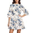 thumbnail image 2 of Karymi Floral Print Mock Neck Tiered Mini Dress, 3/4 Ruffle Bell Sleeve Self Tie Waist Loose Flowy Summer Sundress Maxi Dresses for Women, 2 of 5