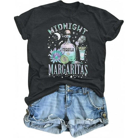 Midnight Margaritas Witch Print Halloween Shirt Short Sleeve Shirt for Women