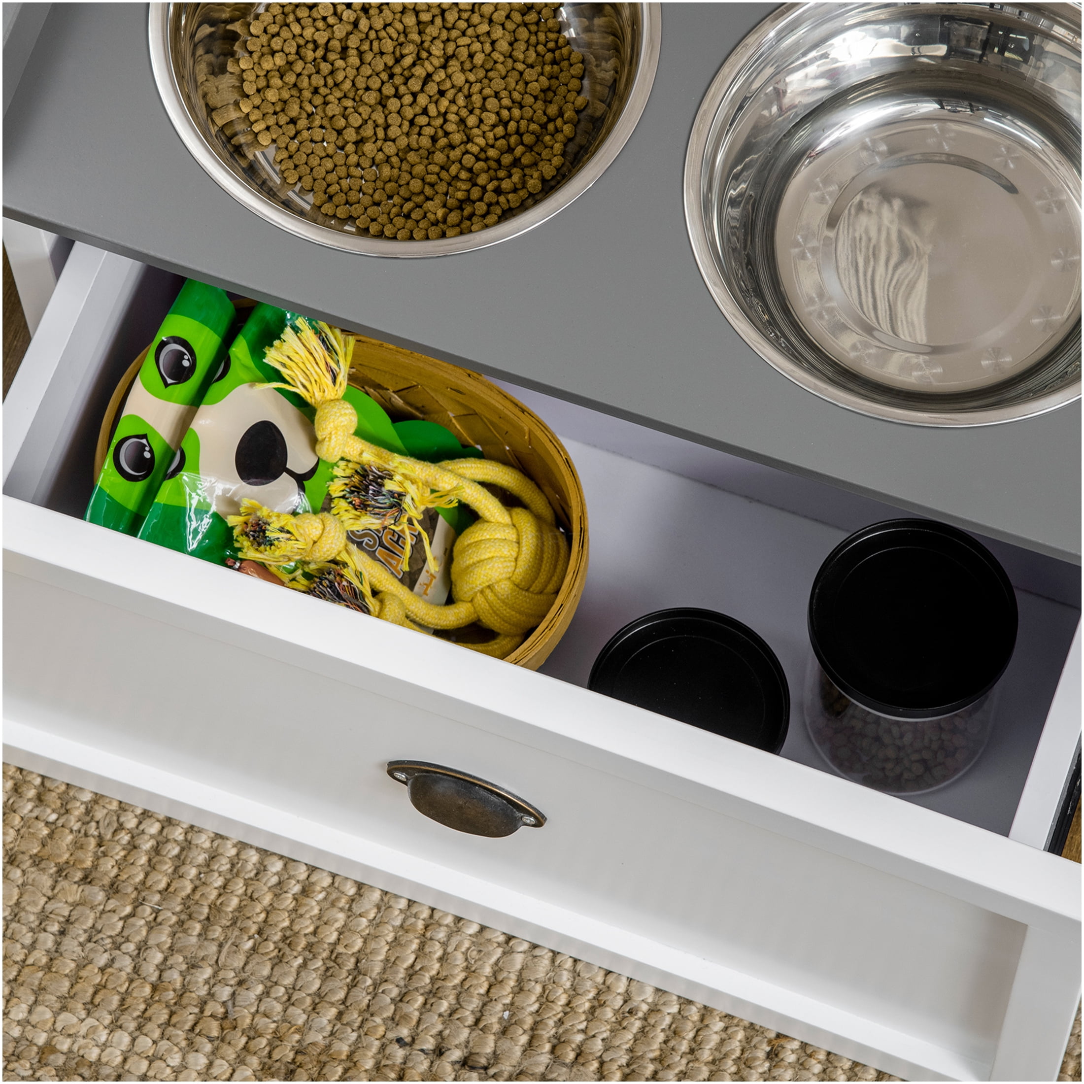 JERFIT Elevated Dog Feeder Station with Storage Drawer, White Wooden Pet Dining Table with 2 Stainless Steel Bowls for Large Dogs