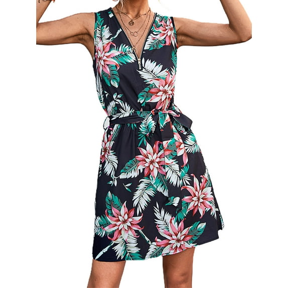 Gvmfive Women Sleeveless Floral Print Belted Tank Dress Casual Zipper V Neck Summer Party Mini Dress