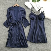 Wangsaura Women Kimono Robe Dress Satin Silk Lace Sleepwear Nightdress